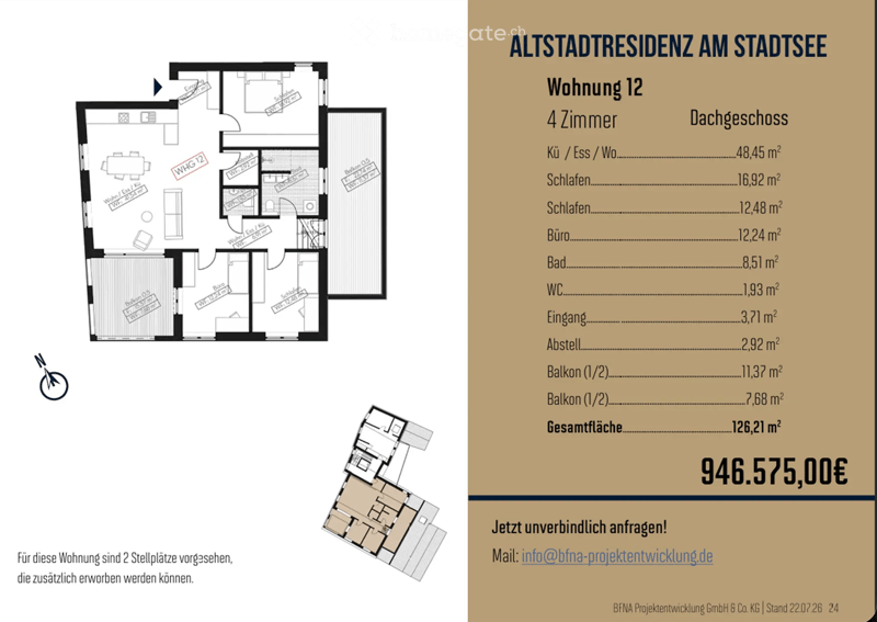 Floor plan of a 4-bedroom apartment on the top floor, including kitchen, living room, bedrooms, bathroom, and balconies.