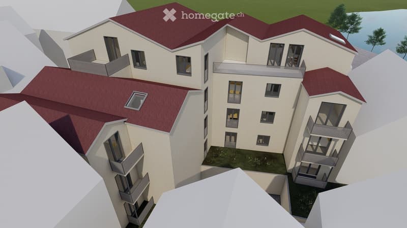 3D model of a modern residential building with red-tiled roofs, multiple balconies, and large windows.