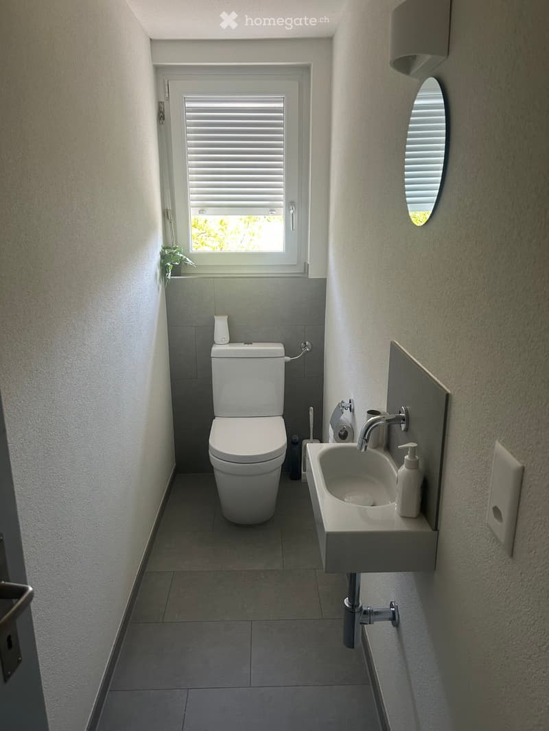 Modern bathroom with a toilet, sink, and mirror. The sink has a modern faucet and a soap dispenser. A small window with blinds allows natural light to enter.