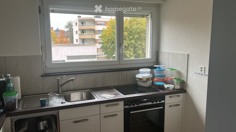 Modern kitchen with white cabinets, stainless steel sink, oven, and various containers on the counter. The window offers a view of a building and trees.