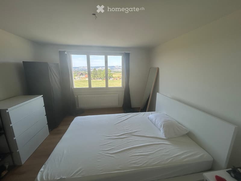 A small bedroom with a single bed, white bedding, a pillow, a wardrobe, and a radiator beneath a large window with a scenic view.