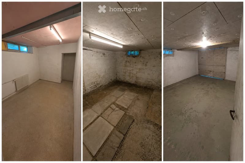 Three images show empty rooms with bare walls, concrete floors, and minimal lighting. No furniture or equipment is present.