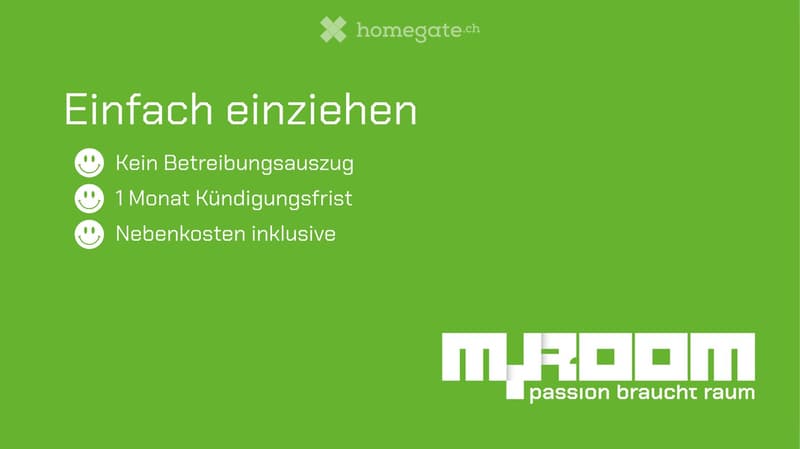 Green background with German text promoting rental benefits and the MÔROOM logo.