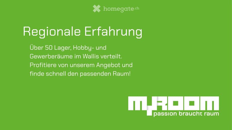 Green background with white text promoting regional experience and commercial spaces, featuring the logo "M+ROOM passion braucht raum".