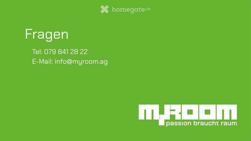 Green background with text in German, including contact information and a logo for 'myroom passion braucht raum'.