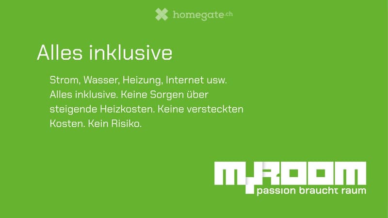 Green background with white text promoting an all-inclusive service, including utilities and internet, with the logo of M+ROOM at the bottom.