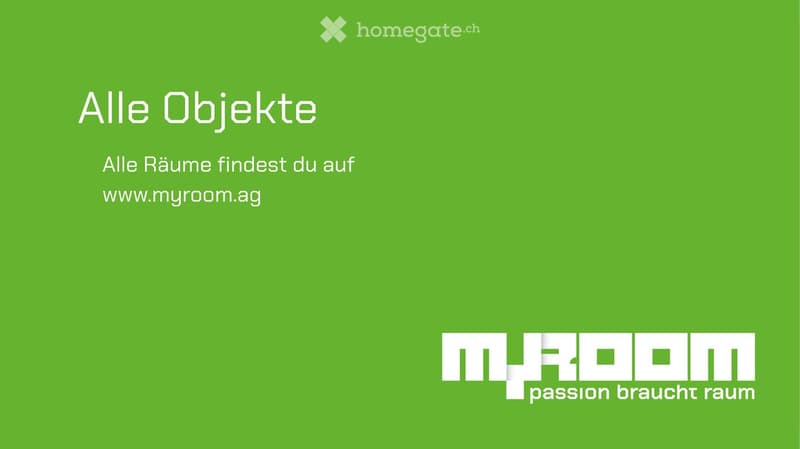 Green background with white text and logo for 'myroom' website, promoting room objects and spaces.