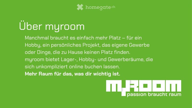 Green background with white text and logo for 'myroom', promoting storage, hobby, and business spaces available for online booking.