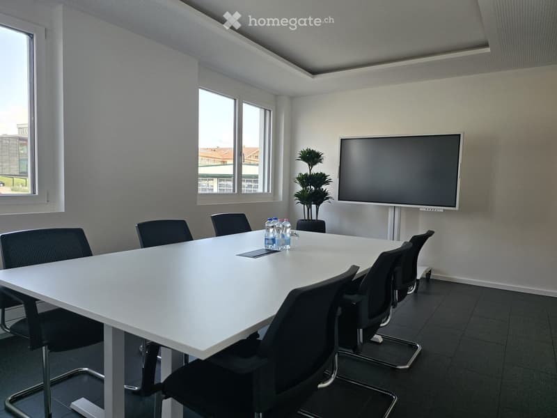 Conference room with a large white table, black chairs, a screen, and a potted plant near the window.