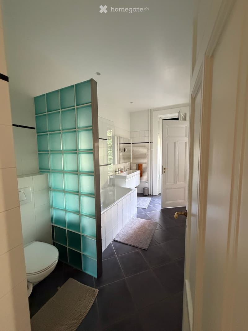 Modern bathroom with dark tiled floor, white walls, bathtub, toilet, sink, and a glass block shower enclosure.