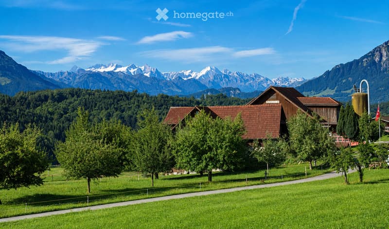 A picturesque rural scene with a traditional wooden house, surrounded by lush green trees and a well-maintained lawn, set against a backdrop of snow-capped mountains under a clear blue sky.