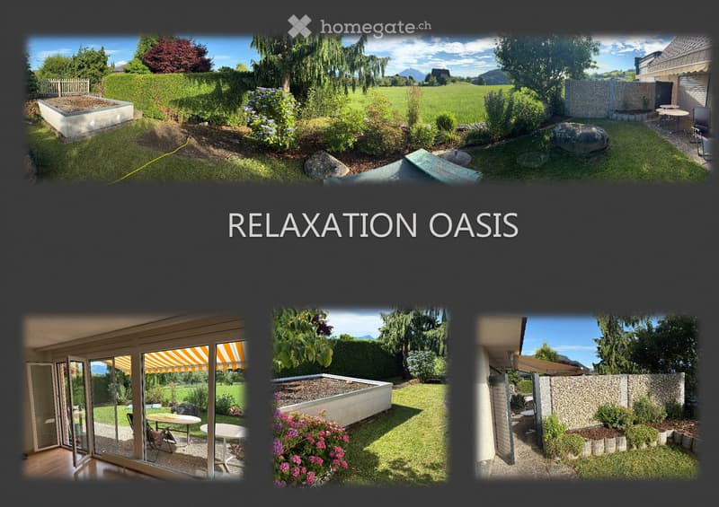 A collage of outdoor spaces featuring well-maintained gardens, patios, and seating areas with tables and chairs, surrounded by greenery and scenic views.