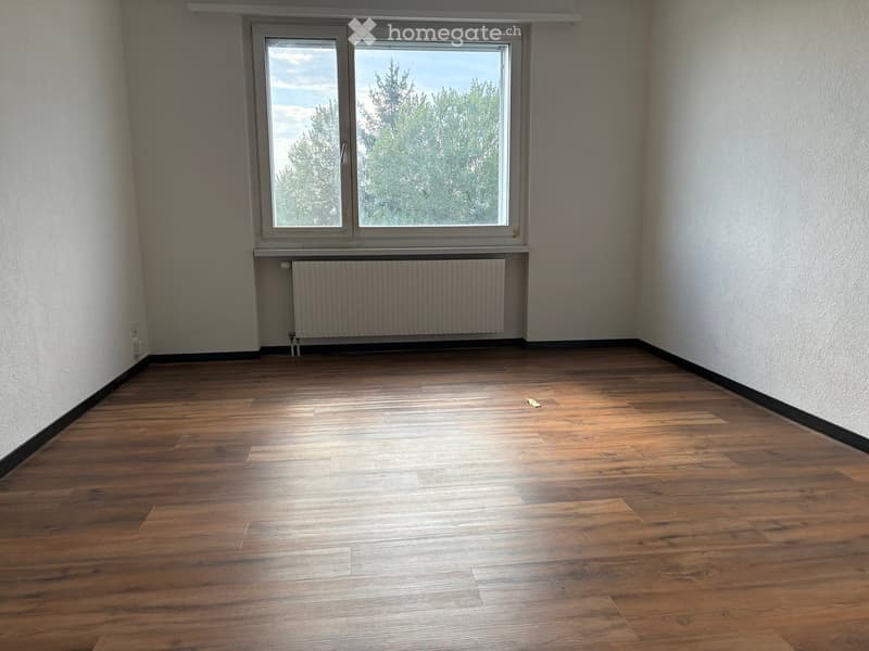 Empty room with wooden flooring, white walls, and a large window with a radiator below it.