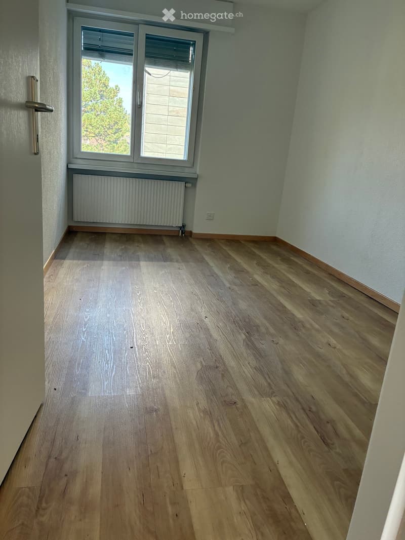 Empty room with light wooden flooring, white walls, a window with blinds, and a radiator below it.