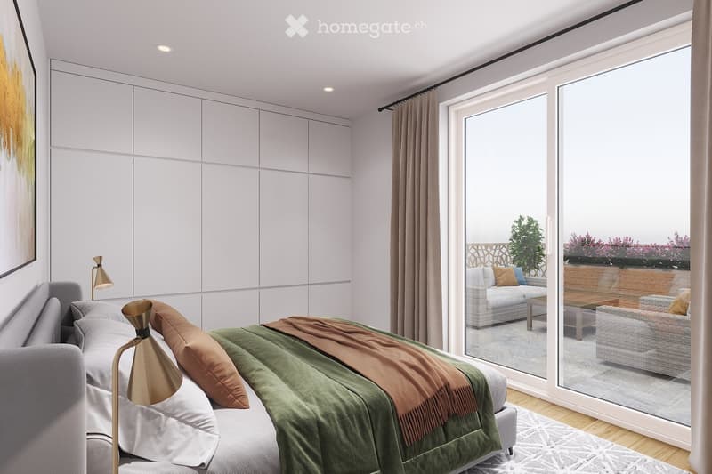 Modern bedroom with a grey bed, green bedding, and a large window overlooking a balcony area with outdoor furniture.