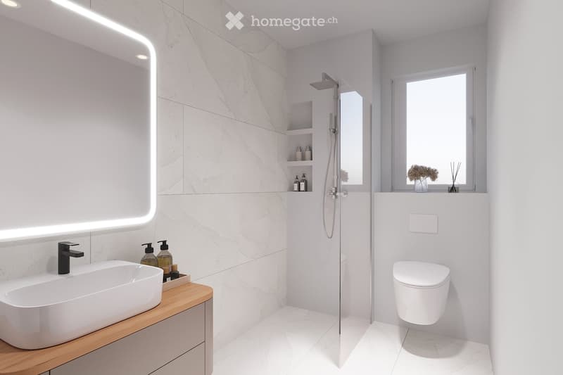 Modern bathroom with white marble tiles, a large sink with a sleek faucet, a toilet, a shower with a glass enclosure, and a window with decorative vases on the sill.