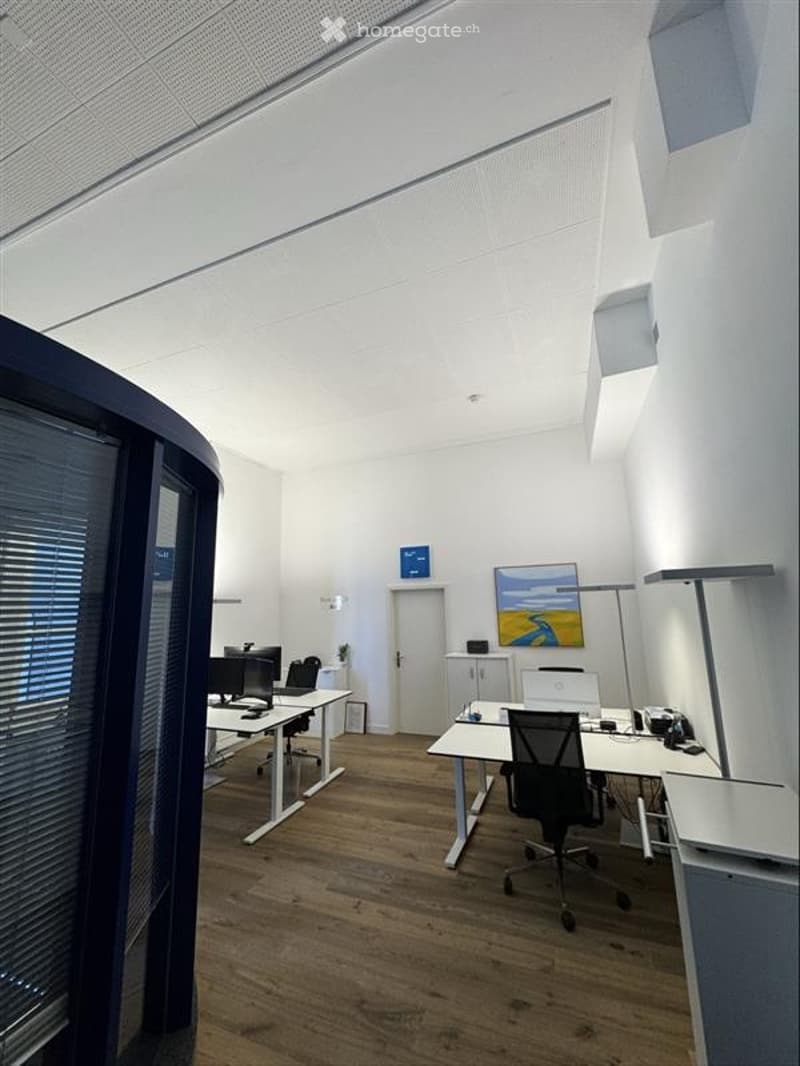 Modern office space with wooden flooring, white walls, and large windows. Includes desks, chairs, computers, a floor lamp, and a painting on the wall.
