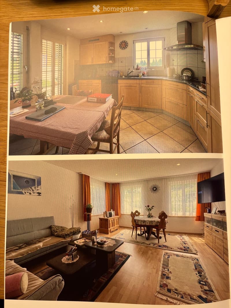 The image shows a modern, well-furnished living and dining area combined with a kitchen. The living area features a grey sofa, a coffee table, and a dining table with chairs. The kitchen has wooden cabinets, a sink, a stove, and various appliances. The sp