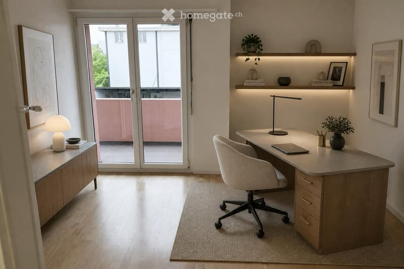 Modern, well-lit home office with a large desk, ergonomic chair, laptop, lamp, and decorative plants. Features built-in shelving and a sliding glass door leading to a balcony.