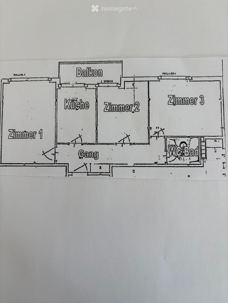 Floor plan showing a kitchen, three bedrooms, a bathroom, a hallway, and a balcony.