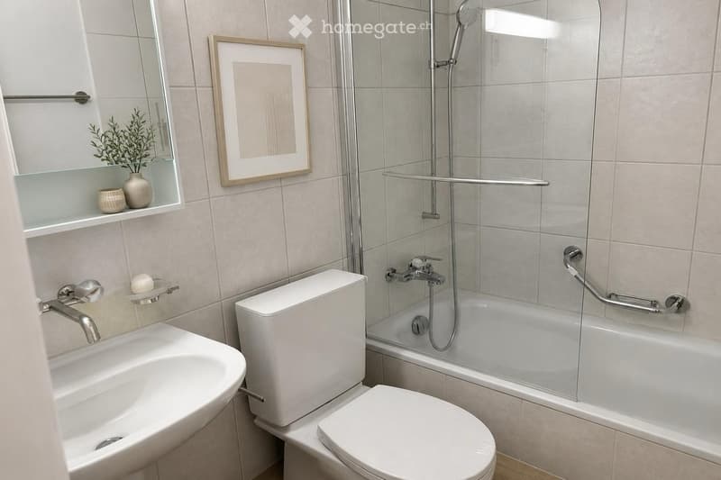 Modern bathroom with a white sink, toilet, bathtub with glass enclosure, and a mirror with shelves holding decorative items.