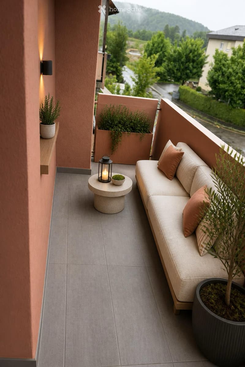 Modern balcony with a grey sofa, small round table, lantern, and potted plants, overlooking a scenic landscape.