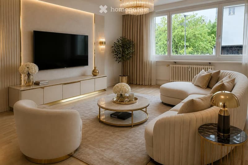 Modern living room with a large sectional sofa, coffee table, side table, floor lamp, TV, and decorative vases.
