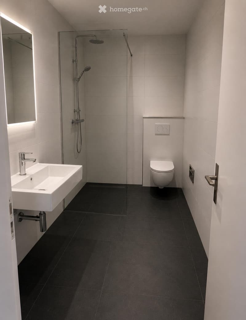Modern bathroom with a white sink, chrome faucet, toilet, glass-enclosed shower, and a large mirror with integrated lighting.