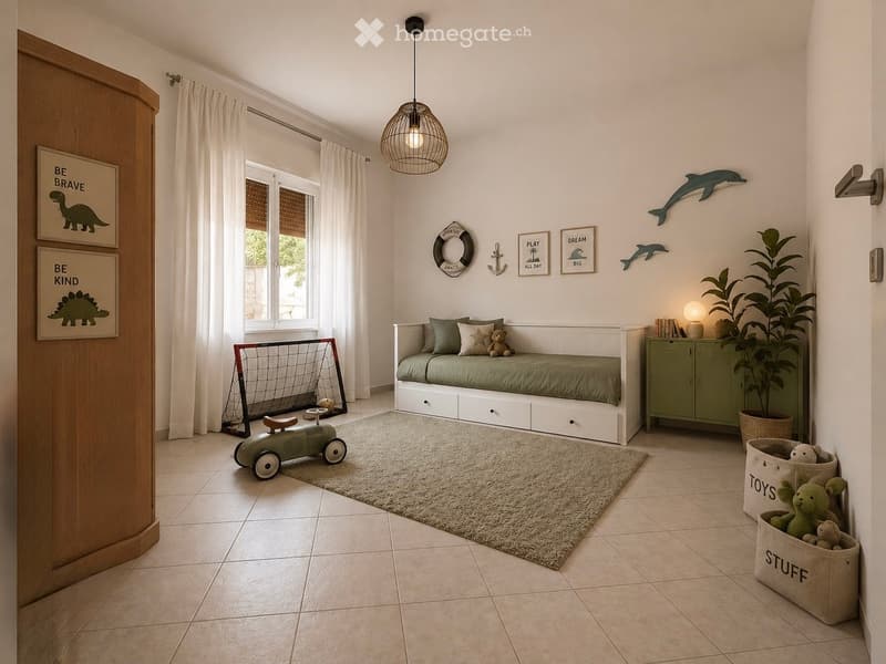 Cozy children's bedroom with a daybed, green bedding, a small goal, a toy car, a plant, and decorative picture frames.
