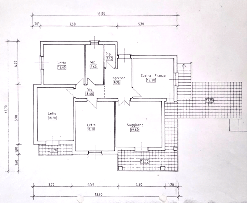 Floor plan of a residential space with three bedrooms, a living room, a kitchen-dining area, a bathroom, and an entrance area.