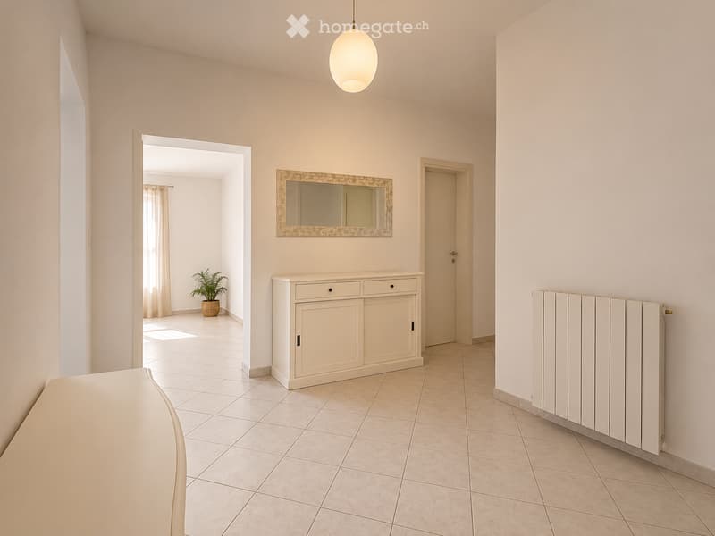 Bright hallway with tiled flooring, white walls, a hanging light fixture, a small cabinet, a mirror, a radiator, and a potted plant visible in the adjacent room.