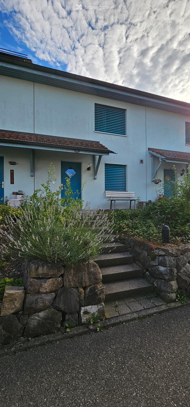 Front garden with stone steps leading to a blue front door, surrounded by greenery and a small bench on the porch.
