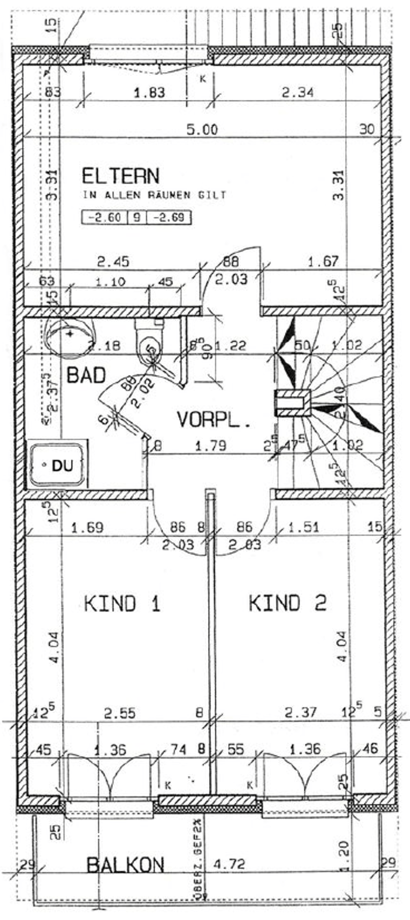 Floor plan of a residential unit with labeled rooms including living room (Wohnzimmer), kitchen (Küche), two bedrooms (Schlafzimmer), bathroom (Bad), and a balcony (Balkon).