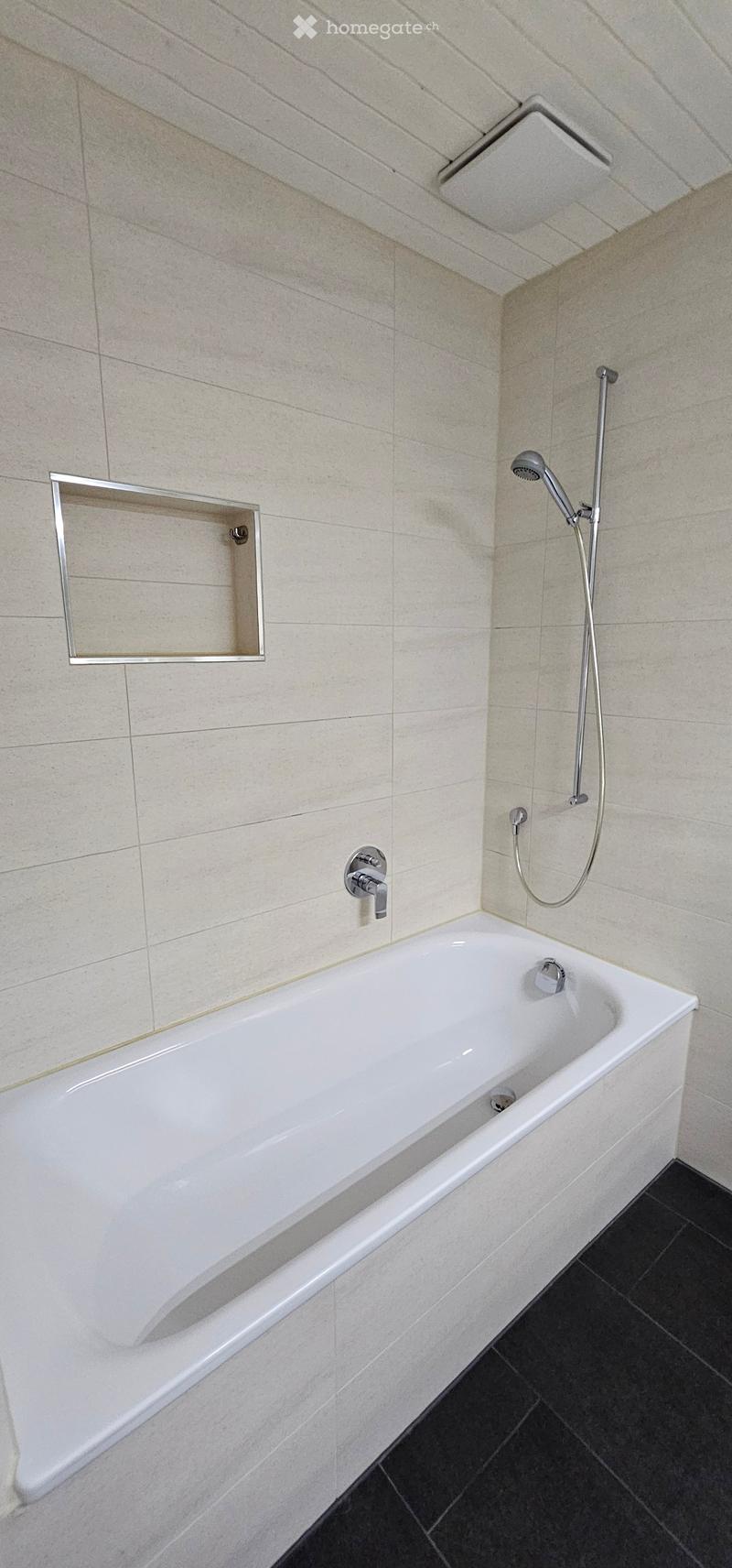 Modern bathroom with a white bathtub, a handheld showerhead, a built-in mirror, and sleek silver fixtures.