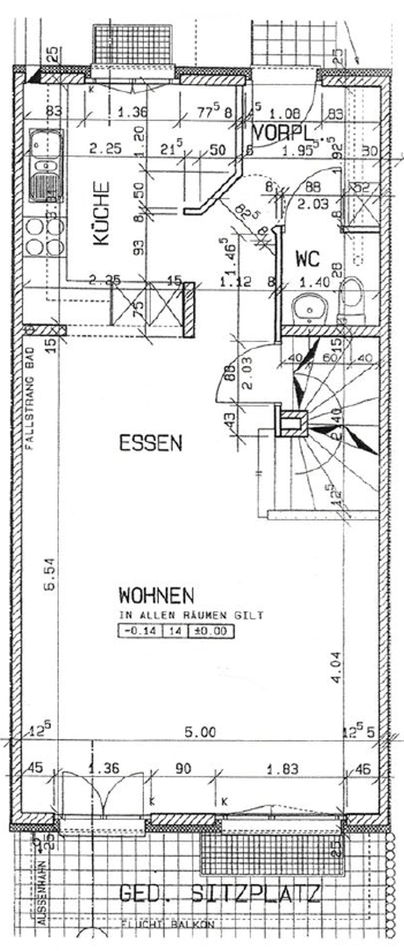 Floor plan of a residential space showing kitchen, dining area, living room, bedroom, and bathroom with labeled dimensions.