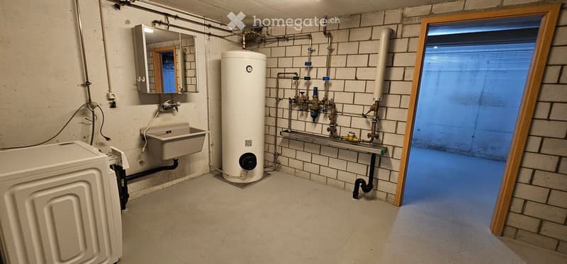 Utility bathroom with a sink, mirror, water heater, and washing machine. Exposed brick walls and visible plumbing.