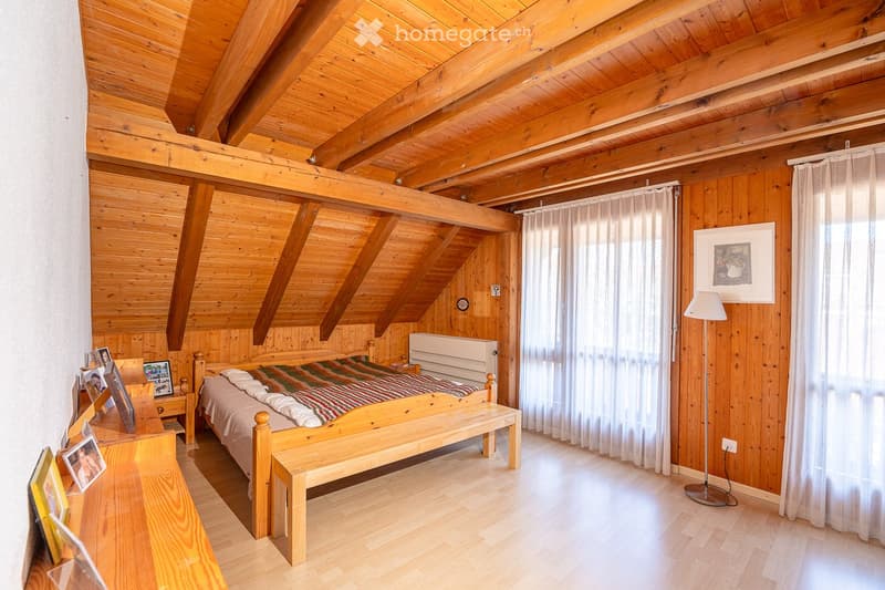 wooden bed, wooden bench, wooden desk, white curtains, wooden ceiling, wooden walls, floor lamp