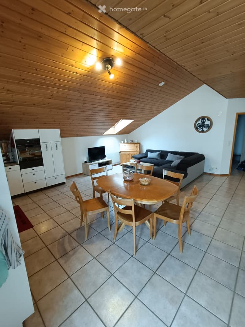 A cozy living and dining area with a wooden ceiling, tiled floor, and skylight. Features a sofa, dining table with chairs, television, and kitchen cabinets.