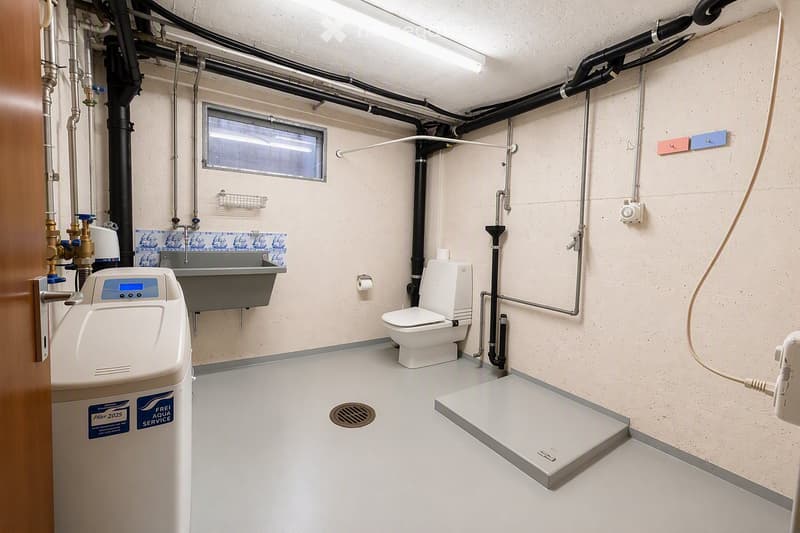 Modern bathroom with a toilet, sink, water softener, and a small window. The room features exposed pipes and a grey floor.