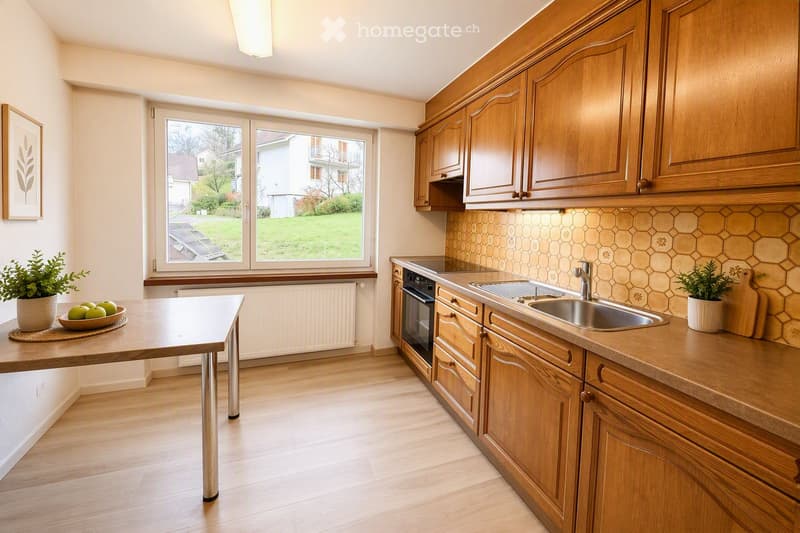 Bright kitchen with wooden cabinets, stainless steel sink, oven, and countertop. Features a central island table with a bowl of apples and a potted plant, along with a framed picture on the wall and a view of a green outdoor area through large windows.