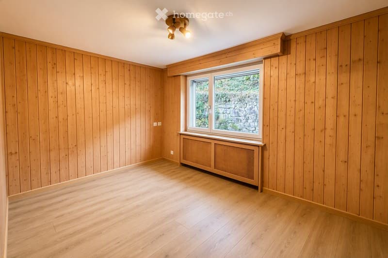Empty room with wooden walls and flooring, a window with a view of greenery, and a radiator below the window.