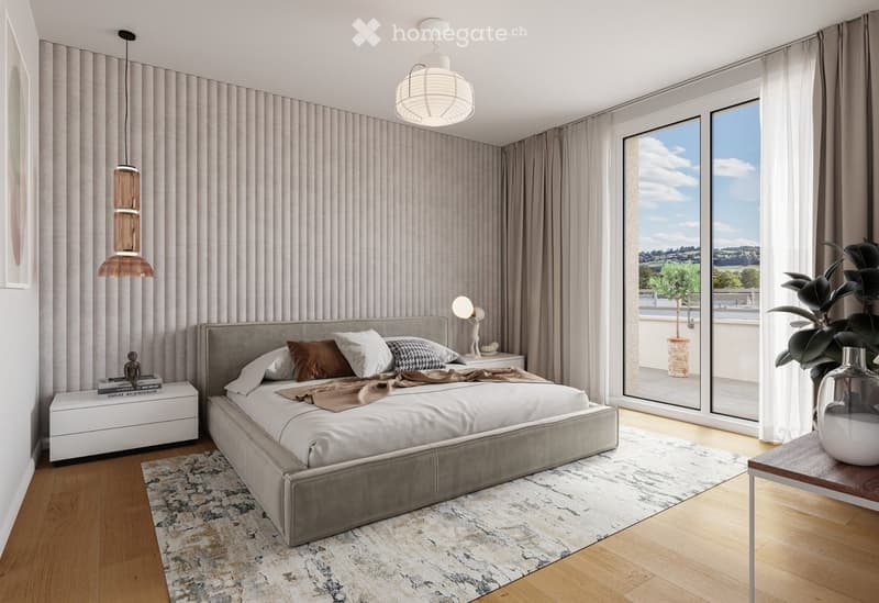 Modern bedroom with a large bed, nightstand, table lamp, pendant light, and a view through large windows.