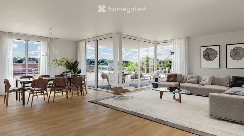 Modern living and dining area with large windows, a sofa, coffee table, dining table, chairs, and a plant. The space features a balcony with outdoor seating.