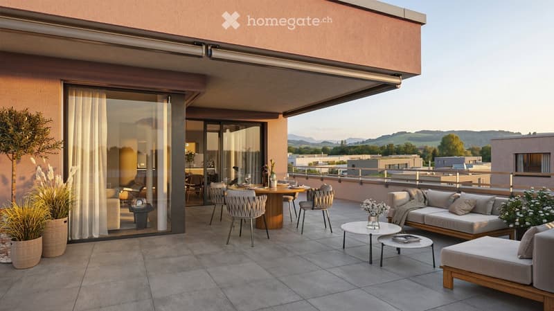 Modern rooftop terrace with a view, featuring a sofa, coffee tables, chairs, and a dining table with chairs.