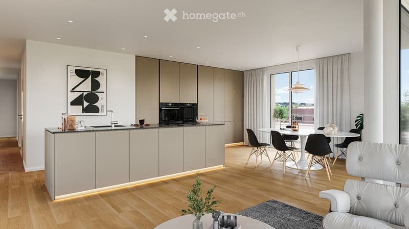 Modern open-plan living and dining area with a kitchen island, white dining table, black chairs, white sofa, and large windows offering a view.
