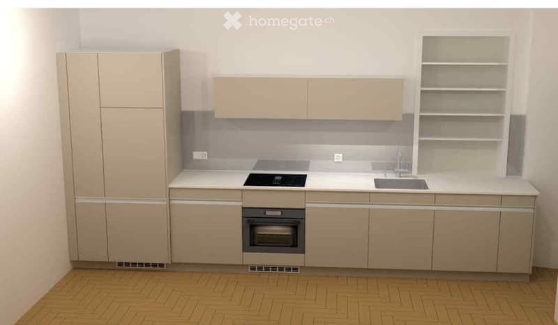 Modern kitchen with light-colored cabinets, a white countertop, a sink, a stove, and an oven. The floor is made of light wood.