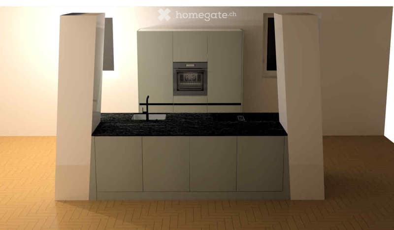 Modern kitchen with light grey cabinets, black countertop, sink, faucet, and built-in oven.