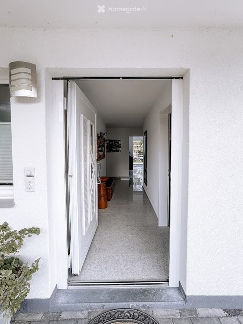A modern, minimalist hallway with white walls, a grey tiled floor, and a sleek white door leading into the interior. A small decorative plant is visible on the left, and a wall-mounted light fixture is mounted on the left wall.