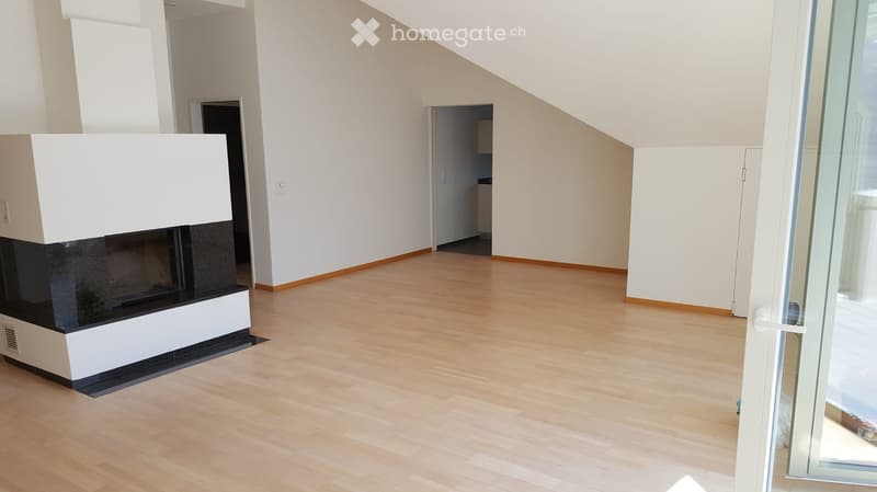 Empty room with light wooden flooring, white walls, and a modern fireplace. No furniture or personal items are present.