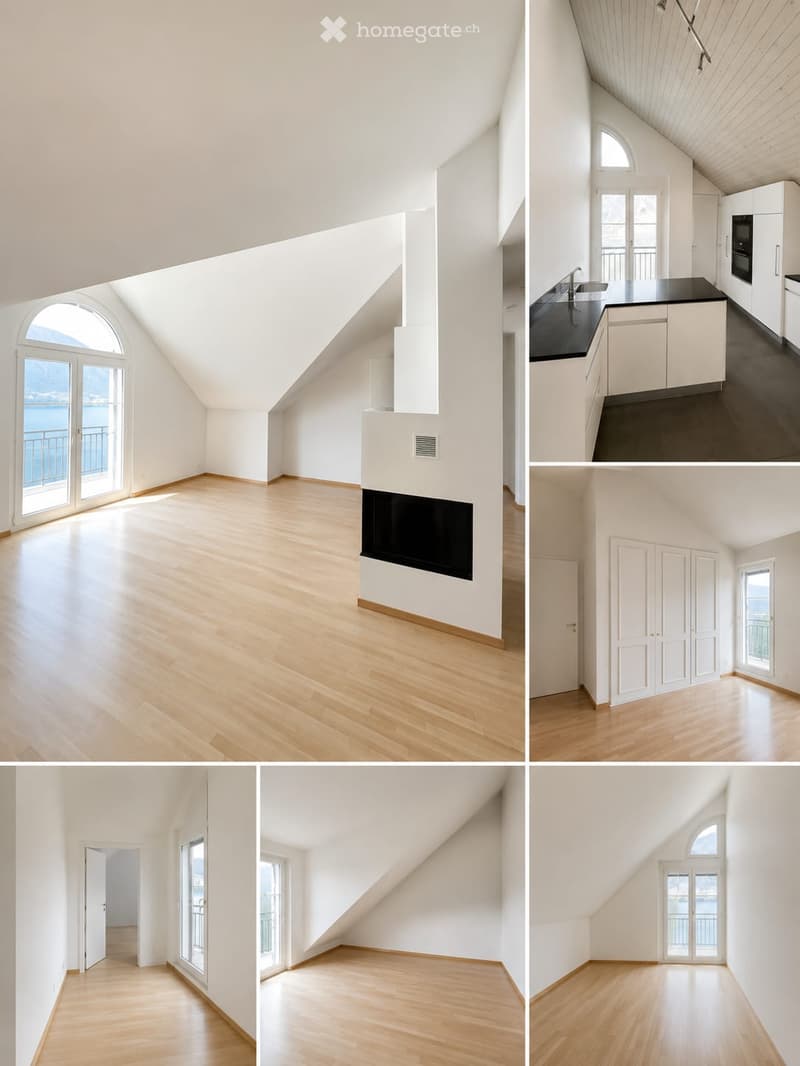 A series of unfurnished rooms with light wooden flooring, white walls, and large windows offering a view of the water. The rooms include a living space, a kitchen area, and additional rooms with sloped ceilings.